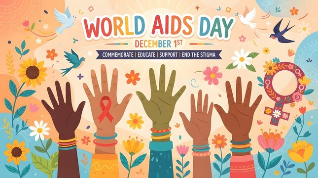 World aids day vector illustration with diverse hands, red ribbon, flowers, and doves, promoting commemoration, education, support, and ending stigma.