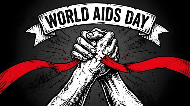 World aids day powerful illustration of clasped hands breaking red ribbon, symbolizing strength and ending stigma on a dark background.