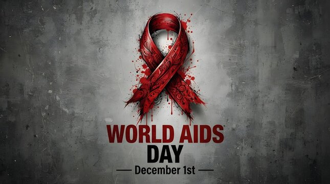 World aids day graphic featuring a detailed red ribbon against a grunge background, with the date december 1st, for awareness.