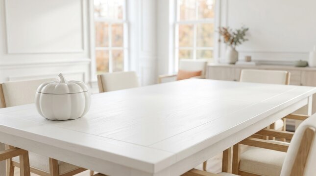 White ceramic pumpkin on a spacious dining table in a bright minimalist interior, featuring neutral decor, natural wood accents, and soft autumn light, ideal for seasonal home styling