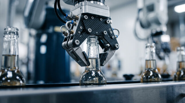 Robotic arm carefully grips glass bottle filled with liquid on automated production line, symbolizing modern industry efficiency and beverage manufacturing