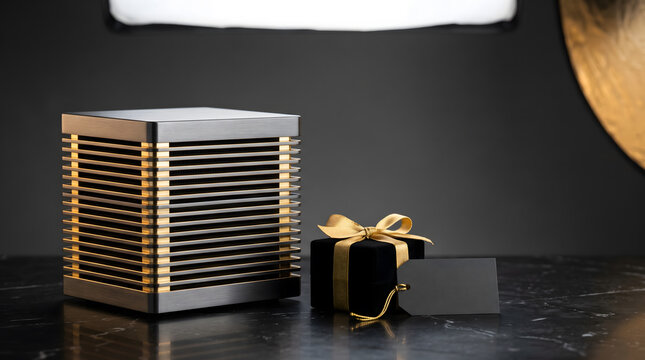 Matte black anodized aluminum and 24k gold server data cube on dark marble with velvet gift box, blank price tag and copy space for Cyber Monday