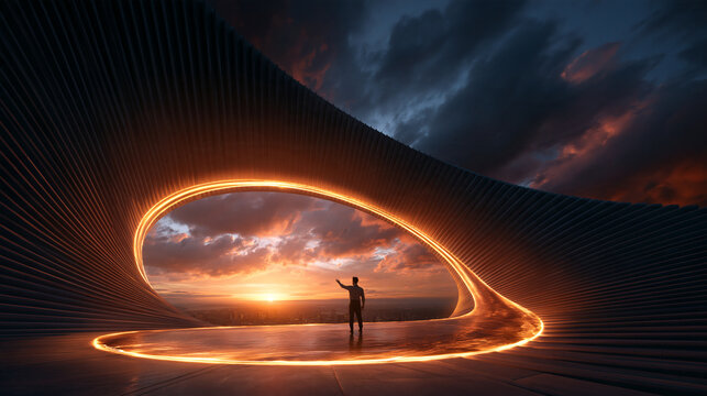 Futuristic Portal Overlooking City Skyline at Dramatic Sunset