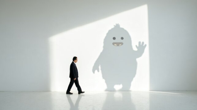 Businessman walking beside his oversized friendly monster shadow. Unserious Everything, playful imagination and hidden personality concept. Humor, creativity and self expression.