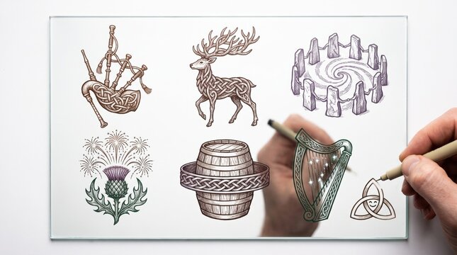 Person drawing Celtic knotwork with bagpipes, stag and stone circles, Scottish Hogmanay style folklore and heritage symbols for New Year's Eve