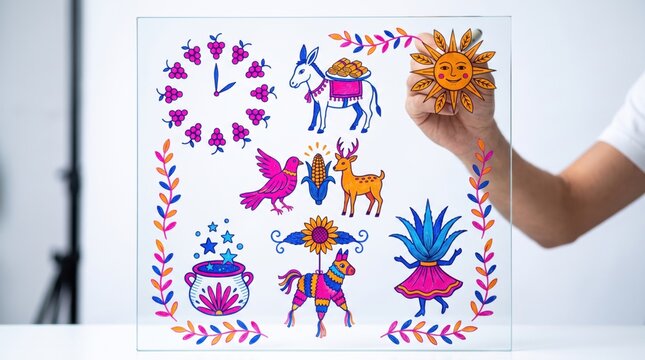 Person drawing colorful folk embroidery icons of a sun, donkey and festive animals, traditional ethnic pattern art for a cultural New Year's Eve celebration