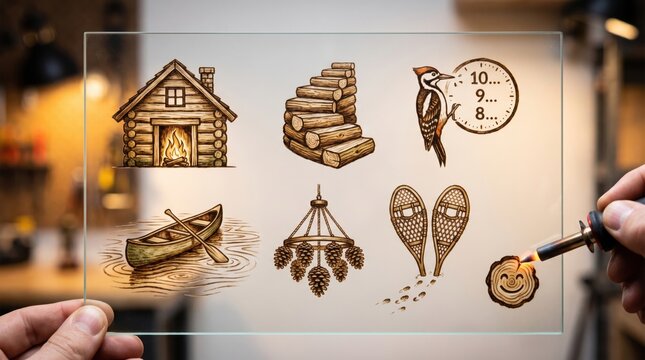 Hands interacting with woodcut icons of a log cabin, bird, canoe and snowshoes, rustic winter camping and a cabin getaway for New Year's Eve
