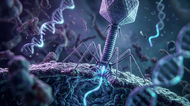 Bacteriophage virus attached to a bacterial cell membrane with tail fibers injecting genetic material beside DNA strands, concept of phage therapy and microbiology research