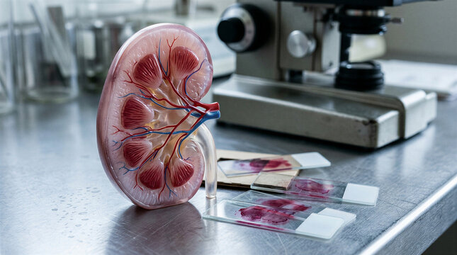 Anatomical kidney model with renal cortex and vessels beside stained biopsy slides on a stainless steel counter near a microscope in a pathology laboratory, concept of nephrology research