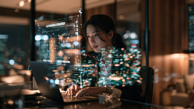 Businesswoman Using AI Hologram Strategy Interface on Laptop at Night