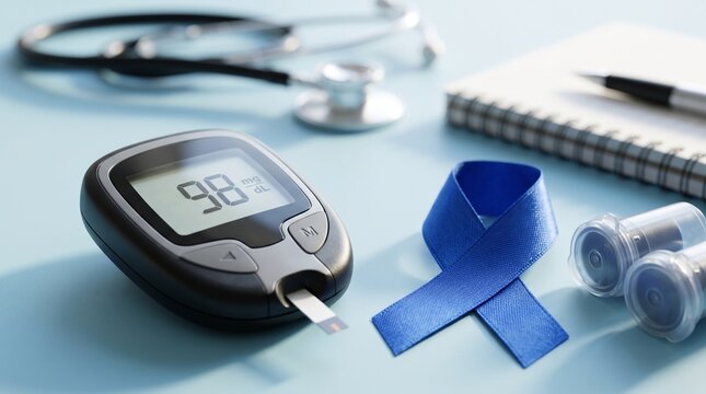 Glucose meter displays a numeric reading next to a blue awareness ribbon and medical tools.