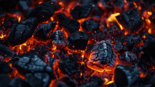 Glowing red and orange charcoal burning among black coal pieces, concept for barbecue cooking, heat energy and outdoor grill advertising.