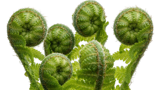 Green fern fiddleheads unfurling in a cluster, isolated on transparent background