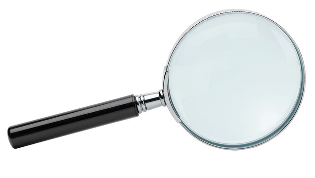 Magnifying glass with black handle and chrome rim, isolated on transparent background