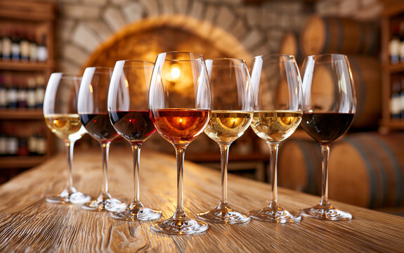 Elegant wine tasting setup in cellar with different wines in glasses row. Bottles collection displayed on shelves, wooden barrels background. Luxury degustation, winemaking, winery concept