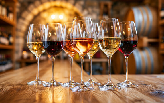 Elegant wine tasting setup in cellar with different wines in glasses row. Bottles collection displayed on shelves, wooden barrels background. Luxury degustation, winemaking, winery concept