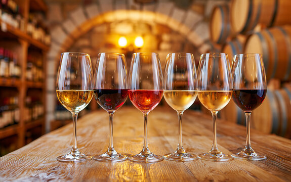 Elegant wine tasting setup in cellar with different wines in glasses row. Bottles collection displayed on shelves, wooden barrels background. Luxury degustation, winemaking, winery concept