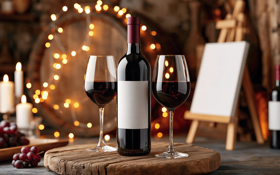 Red wine bottle and two glasses sit on wooden table in cellar. Empty easel waits for design, wine barrels in background.