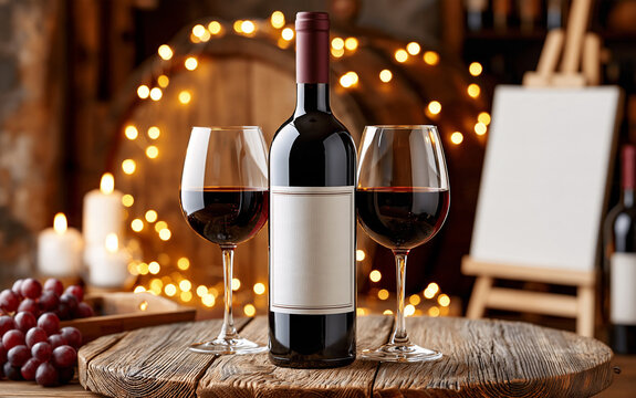 Red wine bottle and two glasses sit on wooden table in cellar. Empty easel waits for design, wine barrels in background.