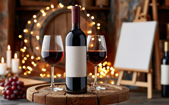 Red wine bottle and two glasses sit on wooden table in cellar. Empty easel waits for design, wine barrels in background.