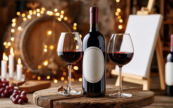 Red wine bottle and two glasses sit on wooden table in cellar. Empty easel waits for design, wine barrels in background.
