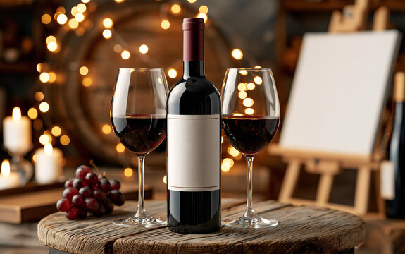 Red wine bottle and two glasses sit on wooden table in cellar. Empty easel waits for design, wine barrels in background.