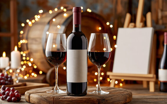 Red wine bottle and two glasses sit on wooden table in cellar. Empty easel waits for design, wine barrels in background.