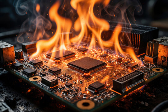 Electronic circuit board burns with bright orange flames. Fire destroys computer hardware, motherboard components. Smoke rises from damaged processor, microchips. Electrical short circuit causes
