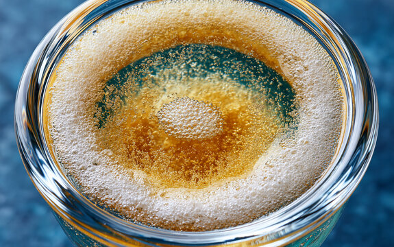 Close up of sparkling wine in glass with many bubbles rising. Golden bubbly champagne liquid fills crystal flute on dark blue background.
