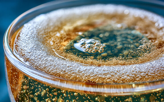 Close up of sparkling wine in glass with many bubbles rising. Golden bubbly champagne liquid fills crystal flute on dark blue background.