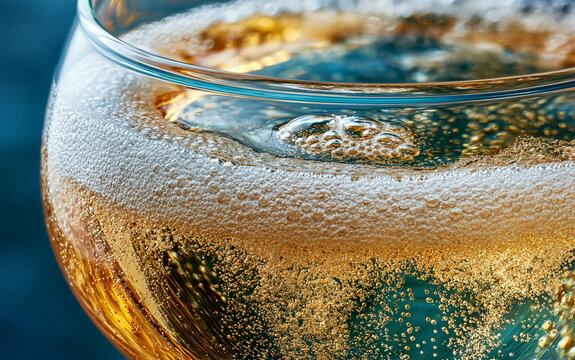 Close up of sparkling wine in glass with many bubbles rising. Golden bubbly champagne liquid fills crystal flute on dark blue background.
