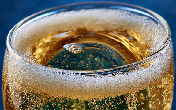Close up of sparkling wine in glass with many bubbles rising. Golden bubbly champagne liquid fills crystal flute on dark blue background.