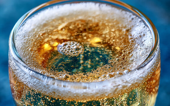 Close up of sparkling wine in glass with many bubbles rising. Golden bubbly champagne liquid fills crystal flute on dark blue background.