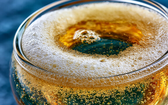 Close up of sparkling wine in glass with many bubbles rising. Golden bubbly champagne liquid fills crystal flute on dark blue background.