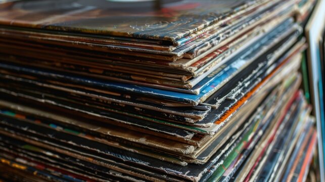 Tall stack of vinyl record albums piled on top of each other, concept of music nostalgia, retro audio culture and record store marketing.