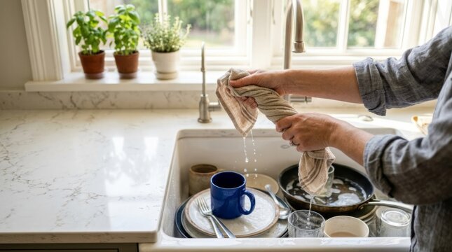Person wringing out a damp kitchen towel over a sink filled with dirty dishes in a bright modern home kitchen, highlighting everyday domestic chores and home maintenance