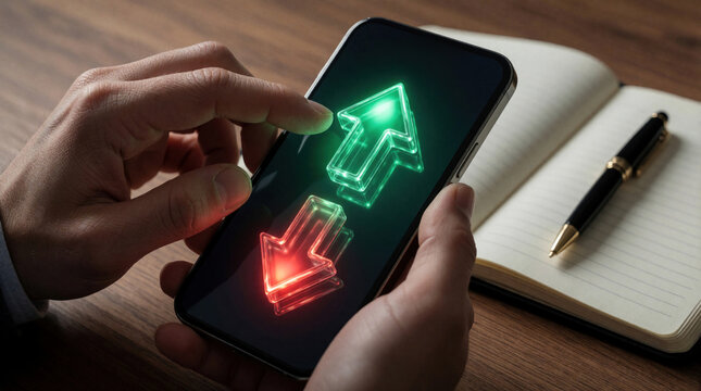 Close up of hands holding smartphone with glowing green up arrow, red down arrow icons. Person touches digital screen on desk with notebook, pen. Financial trading app shows market trends, stock