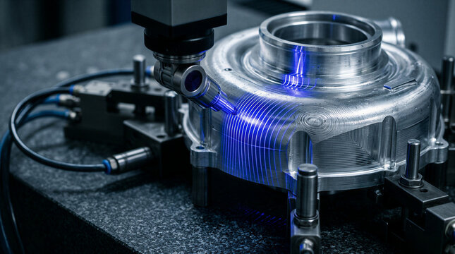 Optical coordinate measuring machine projects blue laser triangulation lines across a milled aluminum turbine housing in a metrology laboratory, with granite inspection table and pneumatic fixtures.