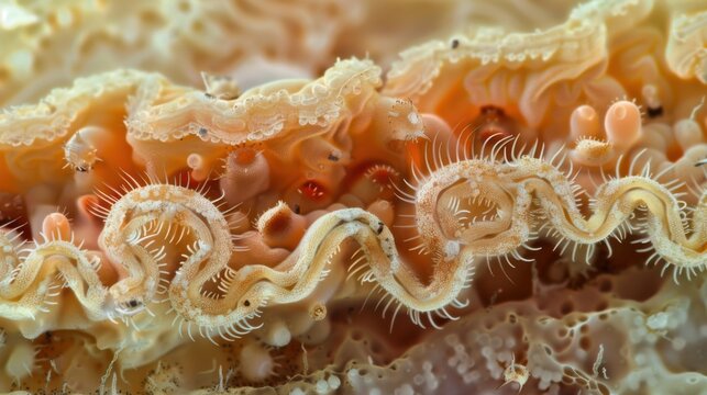 A small section of the intestinal lining is filled with numerous hookworms each with sharp hooklike mouths used to latch onto their