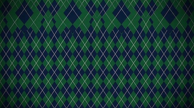 Classic Dark Green and Navy Blue Argyle Pattern with White Diamond Grid Lines for Textile Design