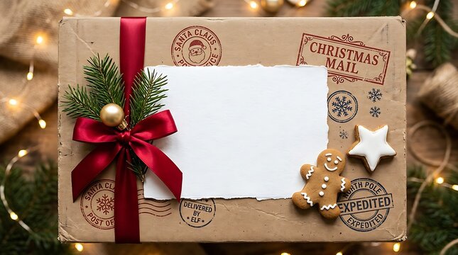 Christmas Mail Parcel with Red Ribbon, Gingerbread Cookies and Blank White Card Mockup on Wood