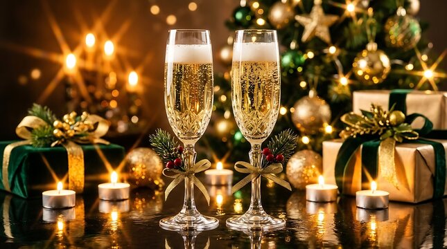 Two Champagne Flutes with Festive Decorations and Candles Against Blurred Christmas Tree Background