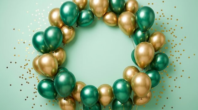 Elegant Gold and Green Balloon Frame with Star Confetti for Festive Celebration and Party Invitation