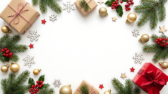 Christmas Holiday Frame with Gift Boxes Fir Branches Golden Baubles and Red Berries on White Surface