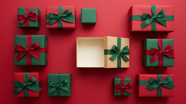Top View of Red and Green Christmas Gift Boxes with Ribbons and One Open Empty Box for Your Content