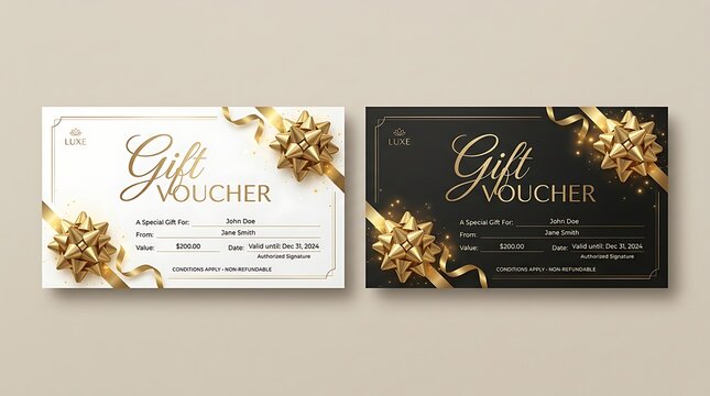 Luxury Gift Voucher Set with Golden Bows and Ribbons on White and Black Backgrounds for Business