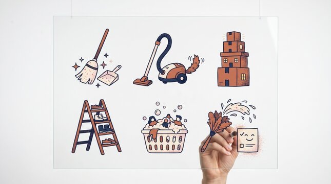 Hand drawing icons of a vacuum cleaner, broom, laundry basket and storage boxes on glass, home organization and cleaning to declutter before New Year's Eve