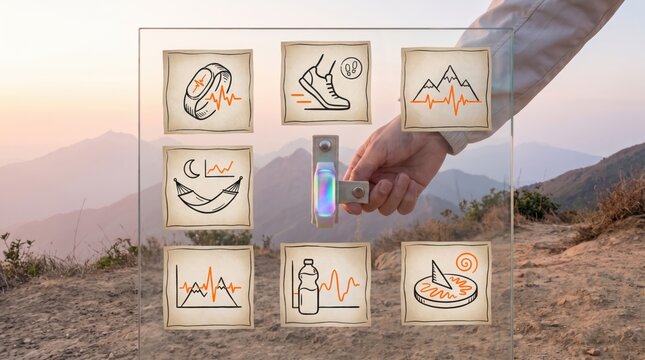 person interacting with icons of a heart rate ring, running shoes, mountains, sleep hammock, water bottle and compass, fitness tracking and health goals for the new year on New Year's Eve