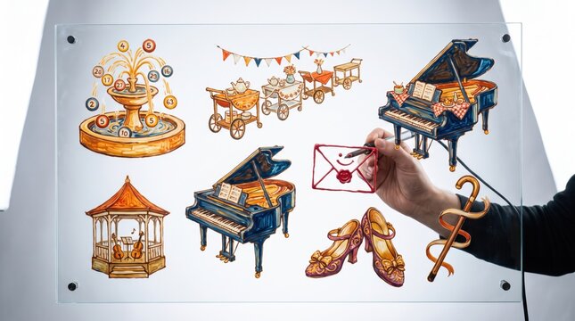 Hands interacting with icons of tiered fountains, food trolleys, grand pianos, love letters, high heels and decorative canes, luxury event planning for a New Year's Eve party