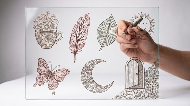 Hands interacting with icons of coffee cups, feathers, maze leaves, smiling suns, butterflies, crescent moons and whimsical doors, creative mindfulness doodles for New Year's Eve